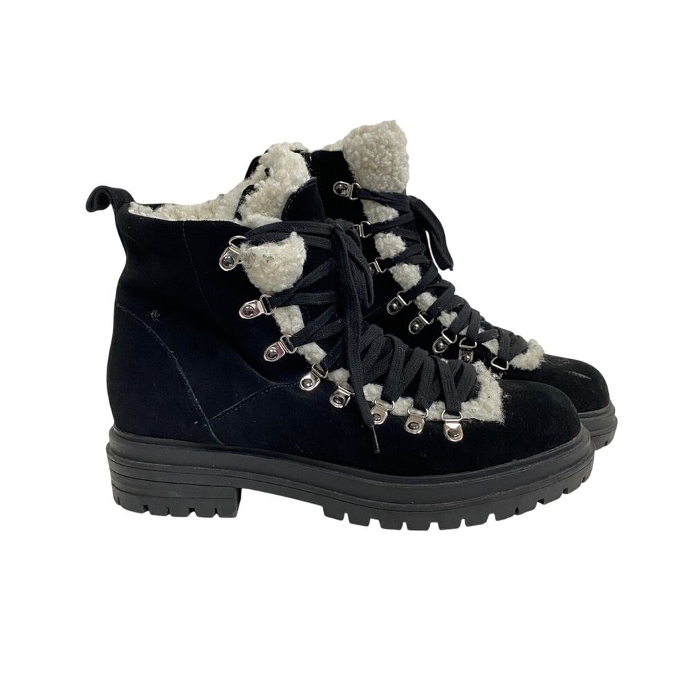 Steve Madden Resa Boots Winter Combat Moto Suede Black Shearling 10